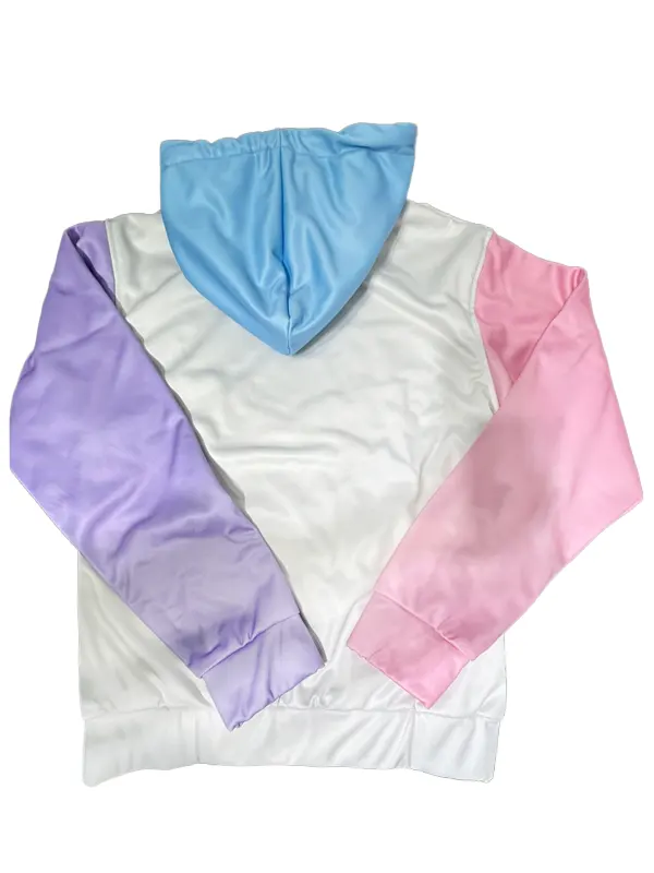 Flat lay rear view of the MTV Relaxed Fit Hoodie, detailing the plain cream back panel framed by a light blue hood, pink left sleeve, and purple right sleeve.