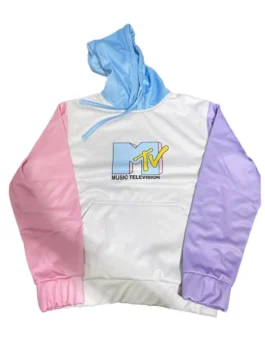 Flat lay front view of the MTV Relaxed Fit Hoodie, featuring a cream torso, a bold blue and yellow MTV chest graphic, a pink right sleeve, a purple left sleeve, and a light blue drawstring hood.