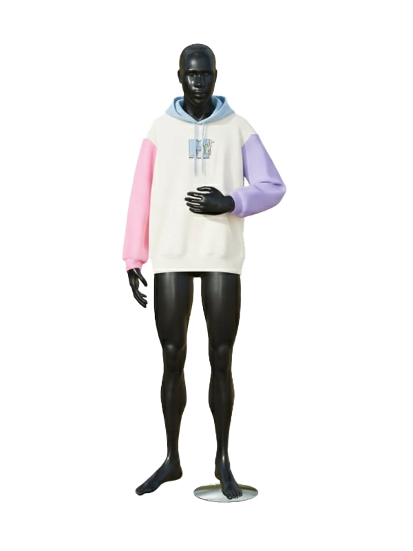 Front view of the pastel color block MTV Relaxed Fit Hoodie displayed on a black mannequin, featuring a cream body, pink sleeve, purple sleeve, blue hood, and the vintage MTV logo.