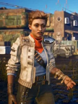 Ellie from The Outer Worlds wearing an off-white leather jacket with shoulder armor piece, sleeve pocket, and tactical belt loops