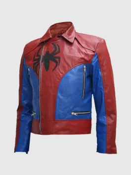 Premium real leather Mens Red and Blue SpiderMan Leather Jacket with a shirt style collar and multiple pockets.