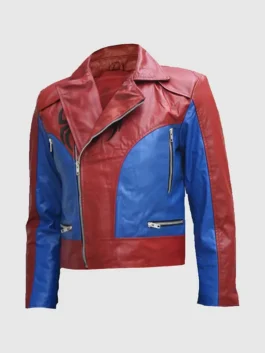Front view of the real leather Mens Red and Blue SpiderMan Leather Jacket featuring a sleek zipper closure.