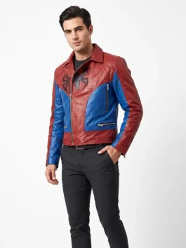 On-body view of Mens Red and Blue SpiderMan Leather Jacket in premium real leather with full length sleeves.