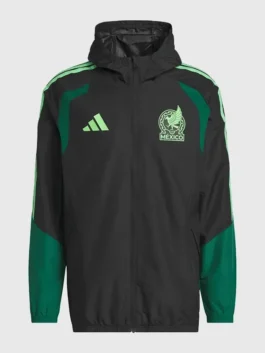 Front view of Mexico 26 Tiro All Weather Jacket featuring a zipper closure, hooded collar, and outside pockets.