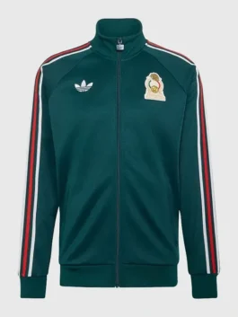 Front look of green fleece Miguel Layun World Cup Mexico Track Jacket showing a stand up collar and zipper closure.