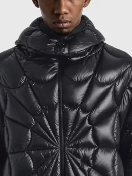 Black polyester Moncler X Spiderman Padded Jacket with deep insulated panels and full length sleeves.