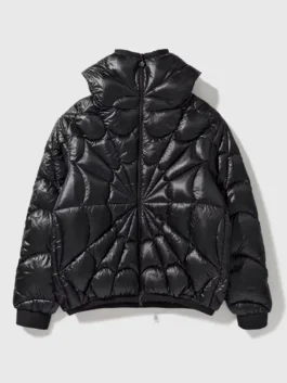 Front view of black Moncler X Spiderman Padded Jacket showcasing the hooded collar and zip front.