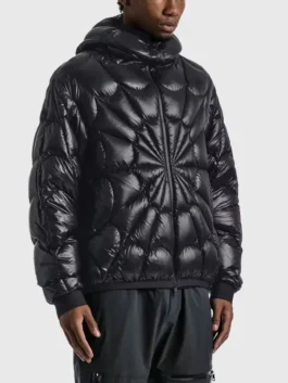 On-body view of Moncler X Spiderman Padded Jacket in black polyester with a secure zipper closure.