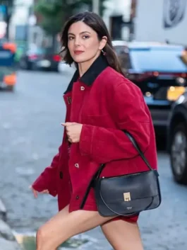 Red cotton Monica Barbaro New York City 2026 Red Jacket with a shirt style collar and full length sleeves.