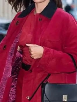 Front view of red cotton Monica Barbaro New York City 2026 Red Jacket showing a classic button closure.