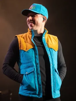 Front view of blue Morgan Wallen Atlanta Vest highlighting the neat snap tab button closure.