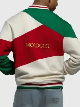Clean back view of the fleece Morocco FIFA World Cup Colorblock Jacket showing its smooth panels and athletic drape.