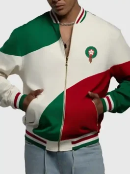 Front view of the Morocco FIFA World Cup Colorblock Jacket highlighting the zipper and premium rib knitted collar.
