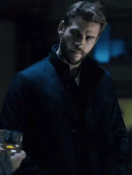 Navy blue satin Most Dangerous Game Liam Hemsworth Quilted Jacket featuring a stylish stand up collar.