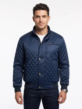 Front view of Most Dangerous Game Liam Hemsworth Quilted Jacket highlighting the secure zipper and snap tab closure.