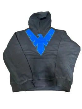 Front view of a black pullover hoodie featuring the iconic bright blue Nightwing bird emblem boldly embroidered across the chest.