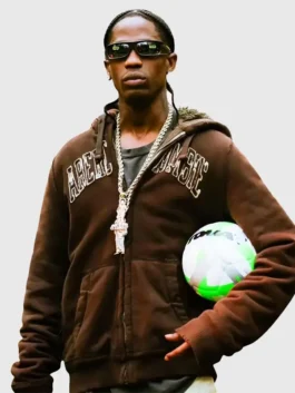 TOMA Football Event 2026 Travis Scott Jacket highlighting professional collaborative graphics and luxury rib knitted cuffs.