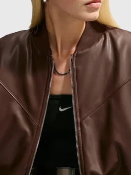 Premium brown real leather Nike Womens Therma Fit Bomber Jacket with snug rib knitted cuffs.