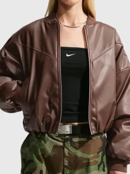Front view of Nike Womens Therma Fit Bomber Jacket showing the full zipper closure and outside pockets.