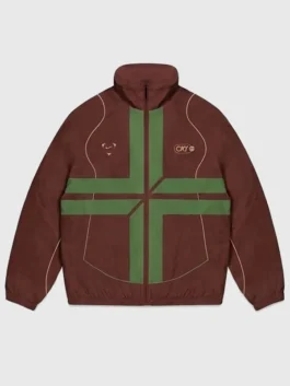 Front look of maroon Nike x Cristiano Ronaldo One Last Dance Portugal Jacket showing the clean zipper closure.