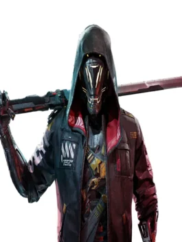 Heavy-duty real leather Ninja Ghostrunner Cyberpunk Hooded Jacket featuring full sleeves and sleek paneling.