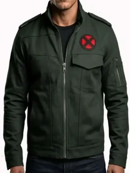 Front view of the forest green Patrick Stewart Avengers Doomsday Jacket putting the full Professor X inspired design on bold display