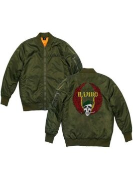 Front and back product display of the army green satin bomber jacket featuring a J. RAMBO chest embroidery and a large back skull and wings graphics patch.