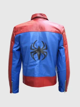 Rear view of red and blue real leather SpiderMan biker jacket highlighting neat panels and sleek stitching.