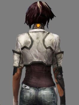 Back view of Nilin Cartier-Wells cropped white leather jacket showing dark paneling, subtle back logo detail, and cuffed elbow-length sleeves