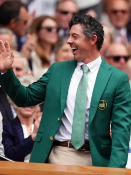 Side view of Rory McIlroy Green Jacket Wimbledon featuring the tailored green blazer and clean profile