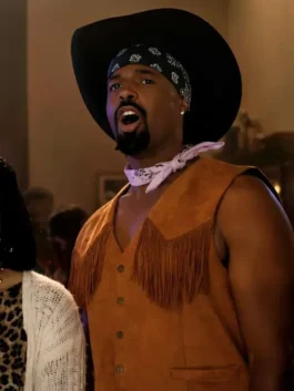 Side view of Scary Movie Shawn Wayans Brown Fringe Vest in brown suede leather with fringe detailing
