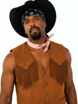 Front view of Scary Movie Shawn Wayans Brown Fringe Vest with brown suede leather and fringe accents