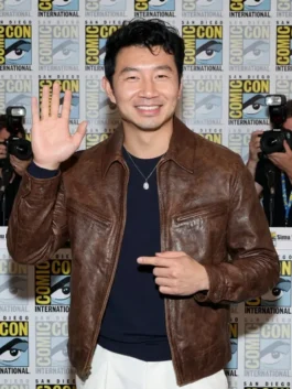 Simu Liu ComicCon Brown Leather Jacket View