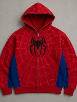 Premium red fleece Spider Classic Edition Full-Zip Red Hoodie featuring a snug hood and rib knitted cuffs.