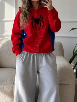 On-body view of red fleece Spider Classic Edition Full-Zip Red Hoodie with a comfortable full zip closure.