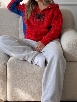 Red Spider Classic Edition Full-Zip Red Hoodie displaying custom web prints and full length sleeves.