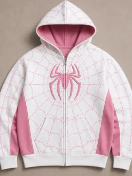 Premium white and pink fleece Spider Classic Full-Zip White And Pink Hoodie featuring cozy long sleeves.