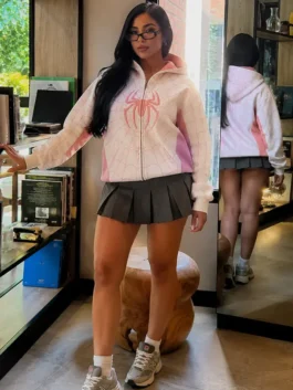 Front view of the Spider Classic Full-Zip White And Pink Hoodie with a cozy hooded collar and kangaroo pockets.