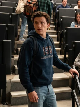Side view of Spider Man Tom Holland Brand New Day Hoodie showing its relaxed fit, hooded shape, and graphic styling