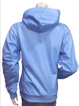 Rear view of a sky blue Sp5der Worldwide Websuit hoodie displayed on a mannequin, highlighting the plain back design, spacious hood, and ribbed hem.