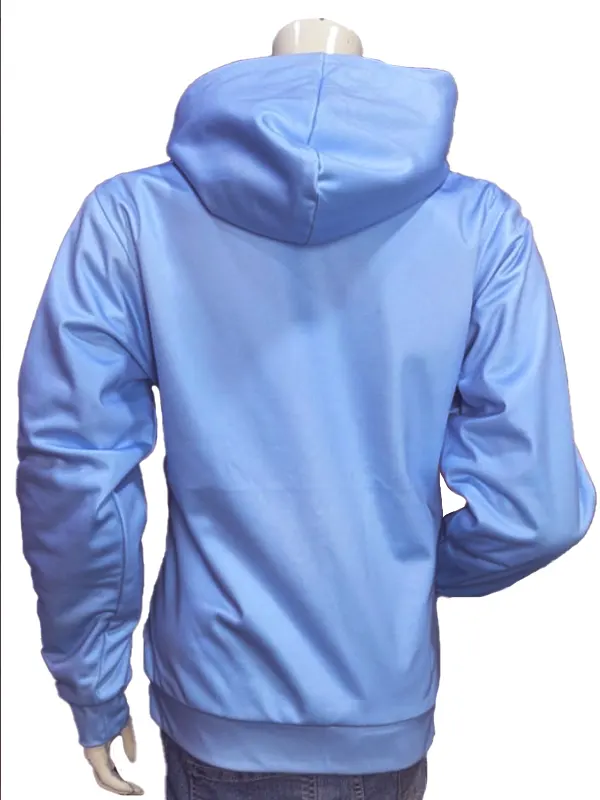 Rear view of a sky blue Sp5der Worldwide Websuit hoodie displayed on a mannequin, highlighting the plain back design, spacious hood, and ribbed hem.