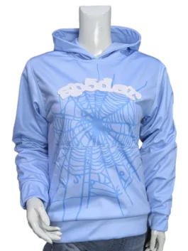 Front view of the sky blue Sp5der Worldwide Websuit hoodie on a mannequin, featuring a bold blue spiderweb graphic and white arched "Sp5der" branding on the chest.