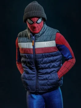 Front view of multicolor SpiderMan Brand New Day Puffer Vest showcasing the secure front zipper closure.