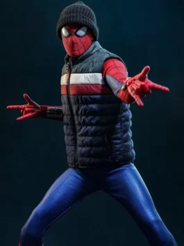 Navy blue accent details on the multicolor parachute SpiderMan Brand New Day Puffer Vest with a smooth inner lining.