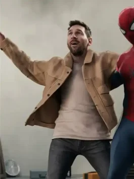 Elegant beige suede leather SpiderMan Meets Messi Suede Jacket with classic shirt collar and button cuffs.
