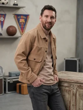 Full view of the beige SpiderMan Meets Messi Suede Jacket featuring a shirt style collar and button closure.