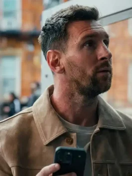 Premium SpiderMan Meets Messi Suede Jacket in beige tailored with durable suede leather and full sleeves.