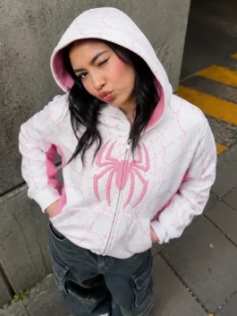 Complete look of the white and pink fleece Spider Classic Full-Zip White And Pink Hoodie with snug rib knitted cuffs.
