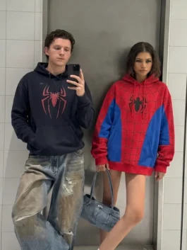 Couple view of Spiderman Tom Holland And Zendaya Hoodie featuring matching superhero-inspired hoodies and coordinated casual styling