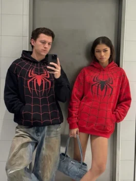 Couple view of Spiderman Zendaya And Tom Holland Hoodie featuring coordinated superhero-inspired casual outfits